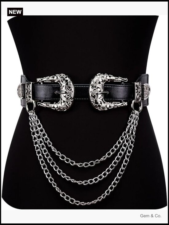 Vintage Western Adjustable Leather Belt with Double Buckle Chain